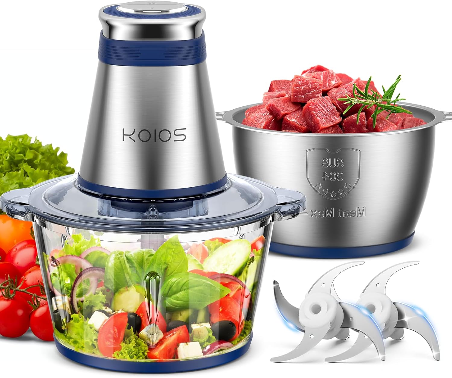 KOIOS 500W Dual-Bowl Food Processor | Blue 8-Cup Chopper